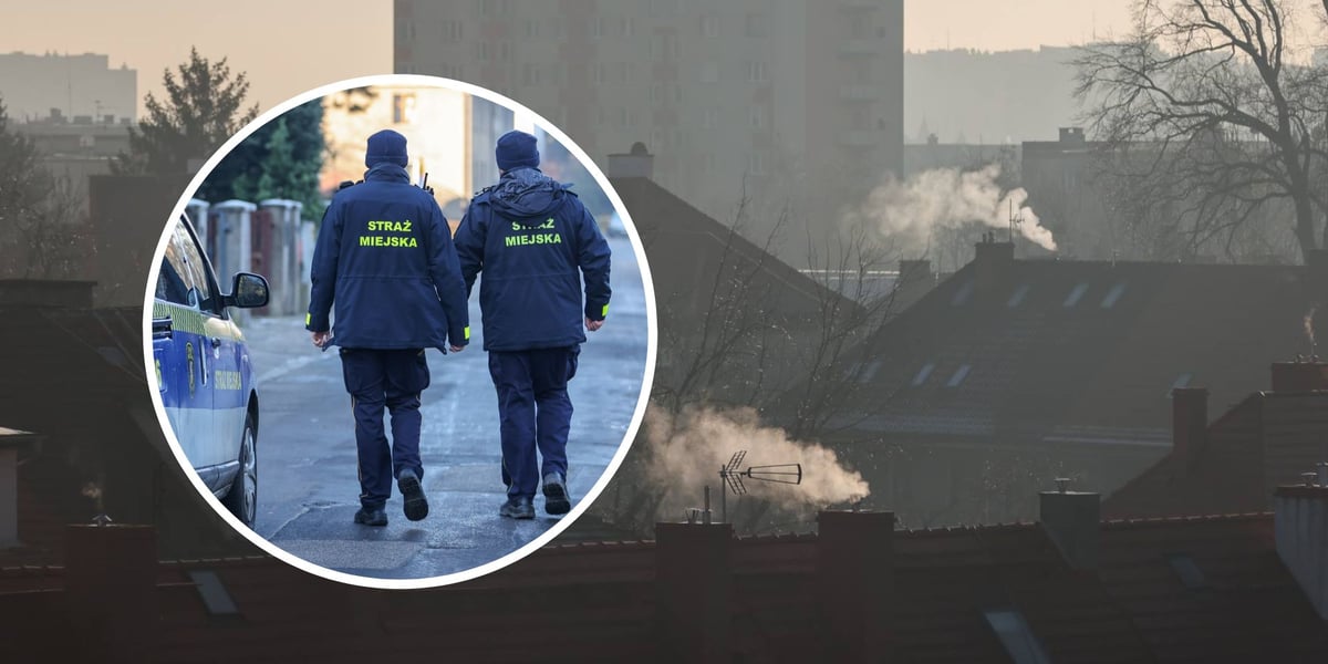Duże zdjęcie przedstawia panoramę Wrocławia z dymiącymi kominami. Na małym zdjęciu w kółku ekopatrol Straży Miejskiej Wrocławia 