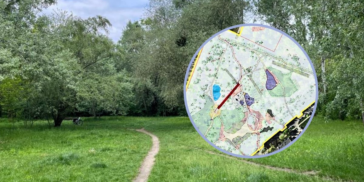 Duże zdjęcie: widok na park przy ul. Idzikowskiego. W kółku fragment planu parku  