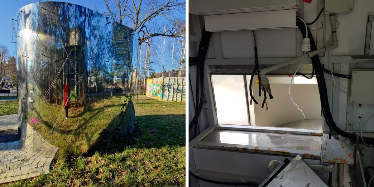 Z lewej - toaleta w parku Strachocińskim przed zniszczeniem. Z prawej - zdewastowane wnętrze toalety