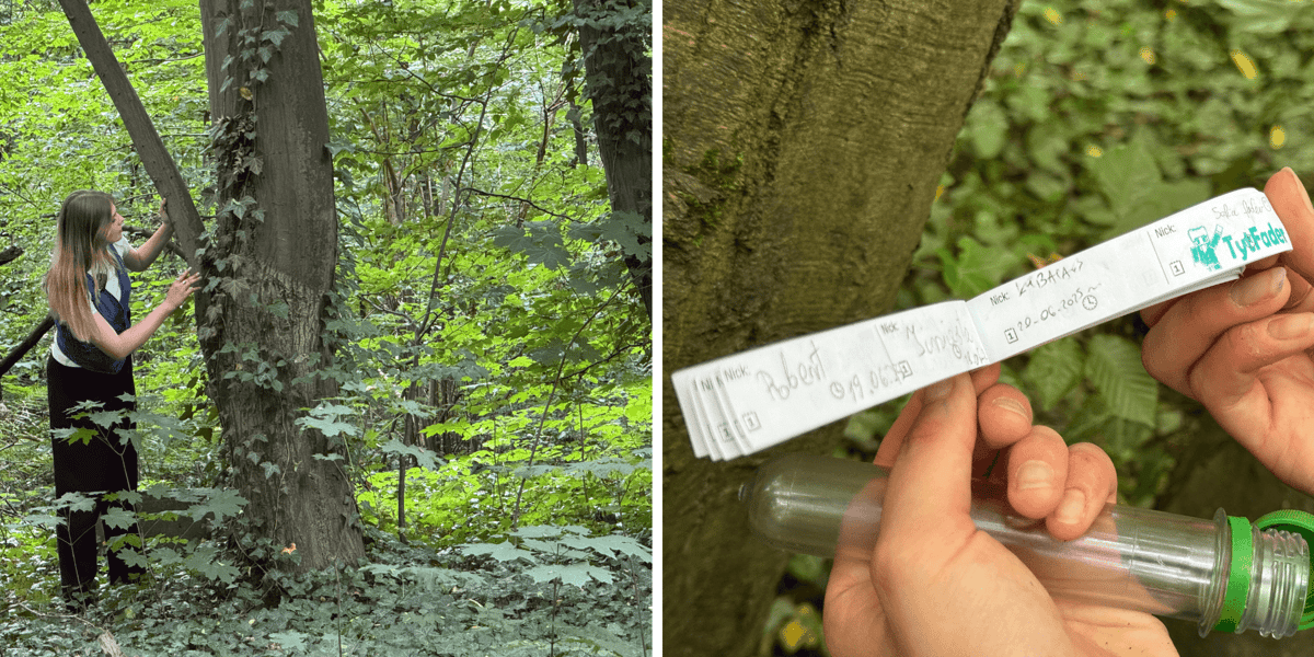 Kolaż 2 zdjęć dotyczących gry Geocaching w parku - gra, która polega na odnajdywaniu ukrytych "skarbów". Na pierwszym zdjęciu dziewczyna przy drzewie, na drugim zbliżenie na dłonie i dziennik znalezisk
