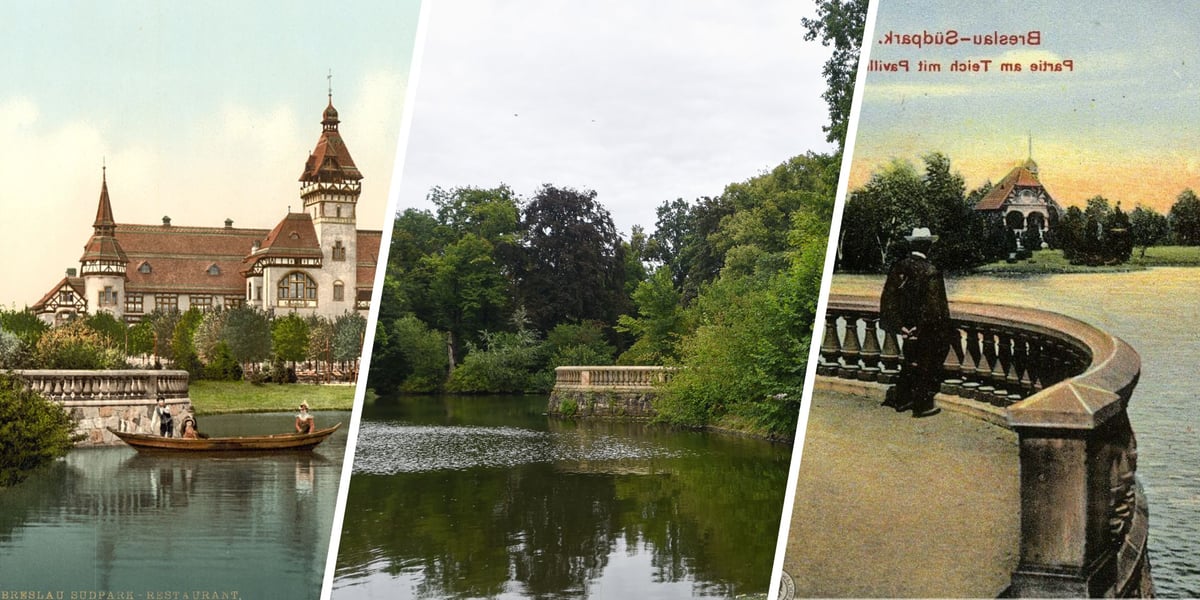 Kolaż trzech zdjęć: widok na nieistniejącą restaurację Hassego | współczesny widok na taras nad stawem | mężczyzna na tarasie na ilustracji przedwojennej