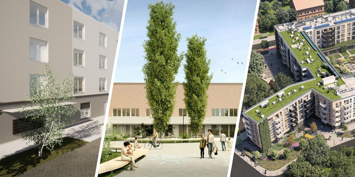 Wizualizacje powstających obiektów, które z wyprzedzeniem spełniły Wrocławski Standard Zielonego Budynku: osiedle TBS przy Stabłowickiej, szkoła przy Zwycięskiej i TBS przy Mościckiego 