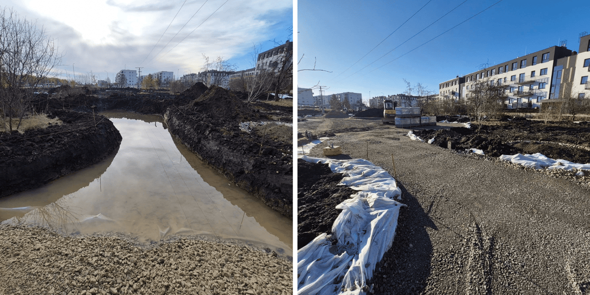 Skwer przy Kajdasza na osiedlu Jagodno we Wrocławiu - zdjęcia robót w różnych fazach, na których widać, że retencjonowanie wód opadowych w nieckach chłonnych już przynosi efekty