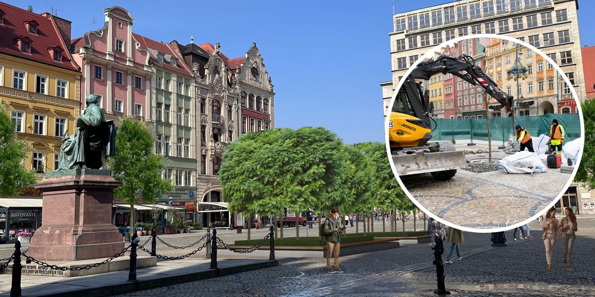 Wizualizacja przedstawiająca fragment Rynku z pomnikiem Fredry po nasadzeniach nowych drzew - w prawej części nałożony okrągły kadr ze zdjęciem z rozbiórki bruku w Rynku.