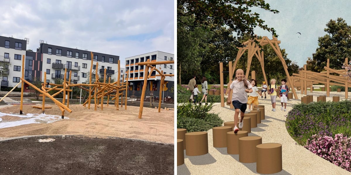 Ilustracja podzielona na pół: po lewej - nowe urządzenia na placu zabaw na skwerze przy ul. Kajdasza: po prawej - wizualizacja części Skweru Kajdasza z placem zabaw.