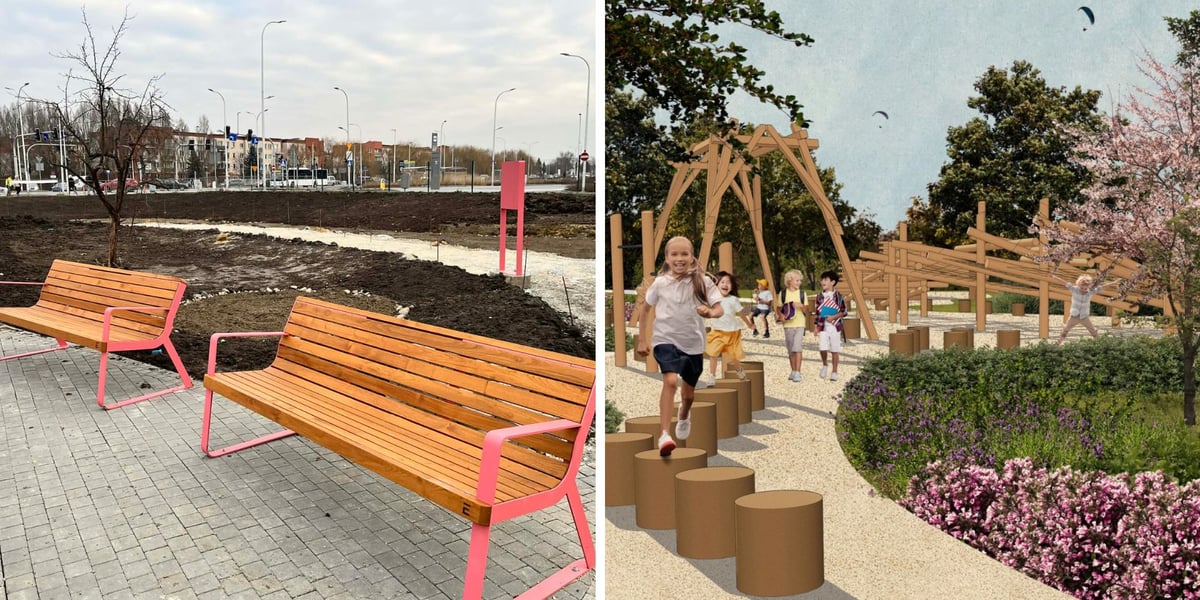 Ilustracja podzielona na pół: po lewej - zdjęcie dwóch ławek na tle tworzonego skweru na Jagodnie: po prawej - wizualizacja części Skweru Kajdasza z placem zabaw.