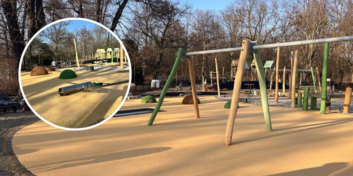 Modernizacja placu zabaw w Parku Południowym - na zdjęciu urządzenia zabawowe, w lewej części mniejsze okrągłe zdjęcie z wałkiem do układania elastycznej nawierzchni.