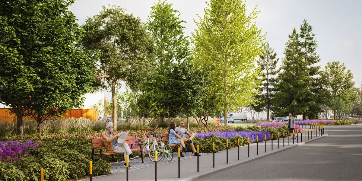Wizualizacja przedstawiająca zrewitalizowany skwer wzdłuż ul. Ziębickiej.