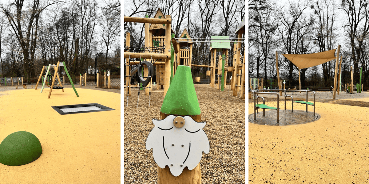 Kolaż 3 zdjęć, przedstawiających urządzenia na odnowionym placu zabaw w Parku Południowym we Wrocławiu