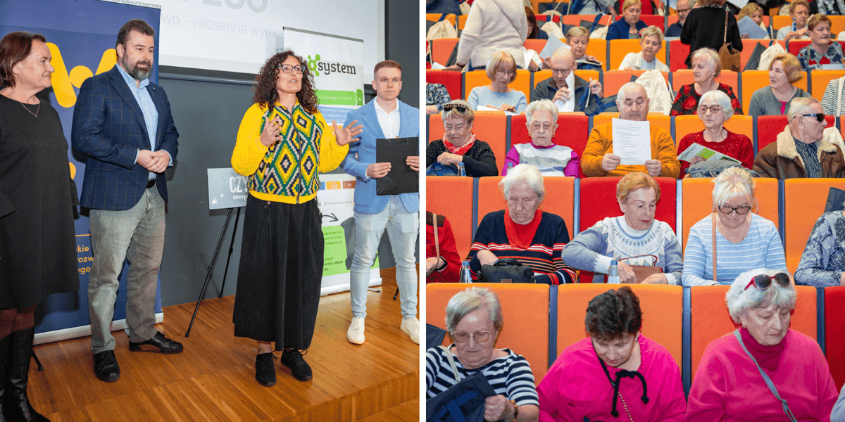 Kolaż 2 zdjęć: z lewej inauguracja kampanii "Wrzuć do kosza", z prawej pierwsza grupa uczestnicząca w szkoleniu.