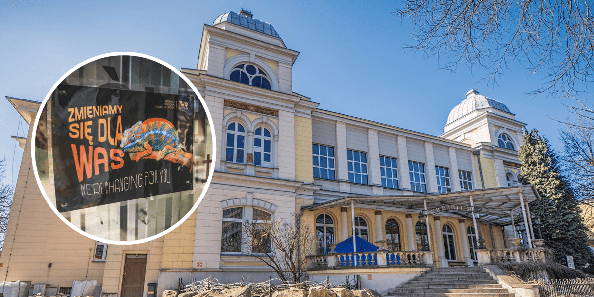 Kolaż 2 zdjęć: w tle zabytkowy budynek Terrarium we wrocławskim zoo, w kółku napis "Zmieniamy się dla was"
