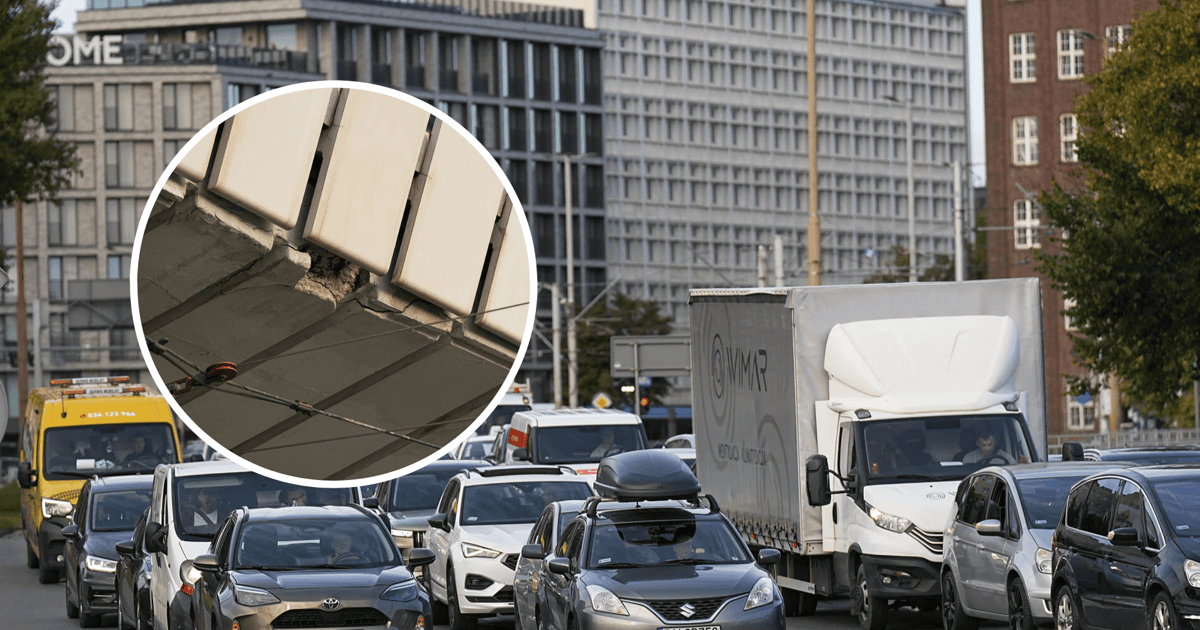 Utrudnienia na pl. Społecznym. Fragmenty estakady na jezdni