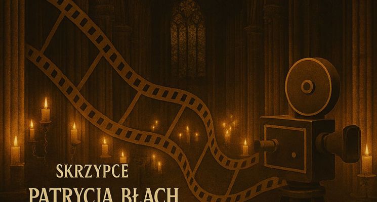 Plakat Muzyka filmowa w gotyckich murach w blasku świec