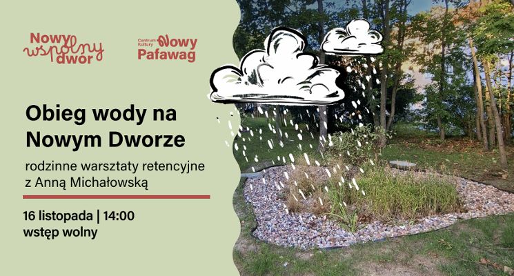 Plakat Obieg wody na Nowym Dworze - rodzinne warsztaty retencyjne