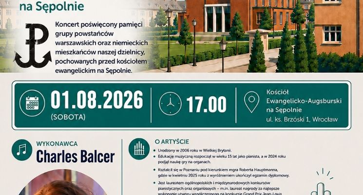Plakat Koncert organowy w kościele ewangelickim na Sępolnie
