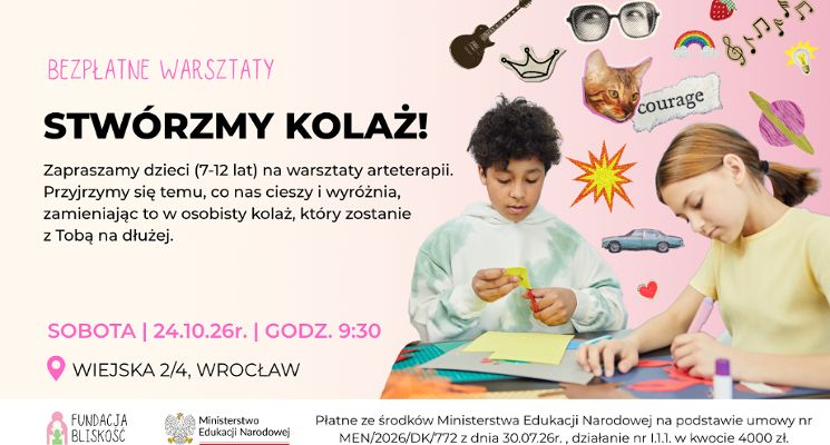 Plakat Zróbmy kolaż! BEZPŁATNE warsztaty arteterapii dla dzieci (7-12 lat)