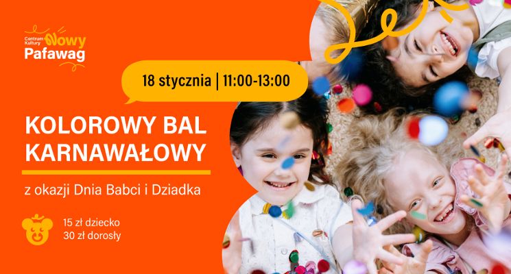 Plakat Kolorowy bal Karnawałowy z okazji Dnia Babci i Dziadka.