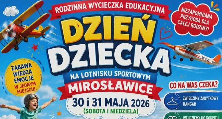 Plakat Dzień Dziecka na podwrocławskim lotnisku Mirosławice