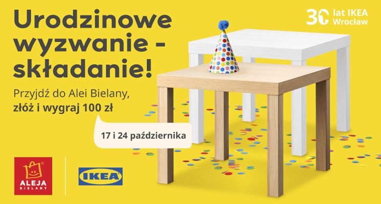 Plakat Wyzwanie-składanie. Wygrywaj nagrody z okazji 30 lat IKEA Wrocław