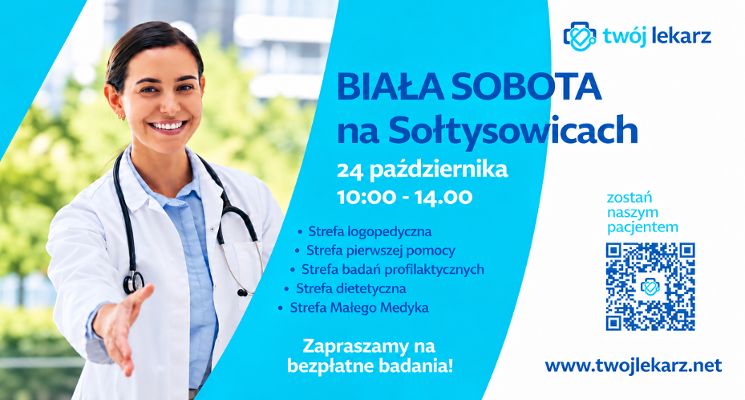 Plakat Biała Sobota na Sołtysowicach. Bezpłatne badania, porady specjalistów i atrakcje dla dzieci!