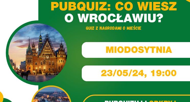 Plakat PubQuiz: Co wiesz o Wrocławiu? Drużynowy quiz z nagrodami o mieście Wrocław