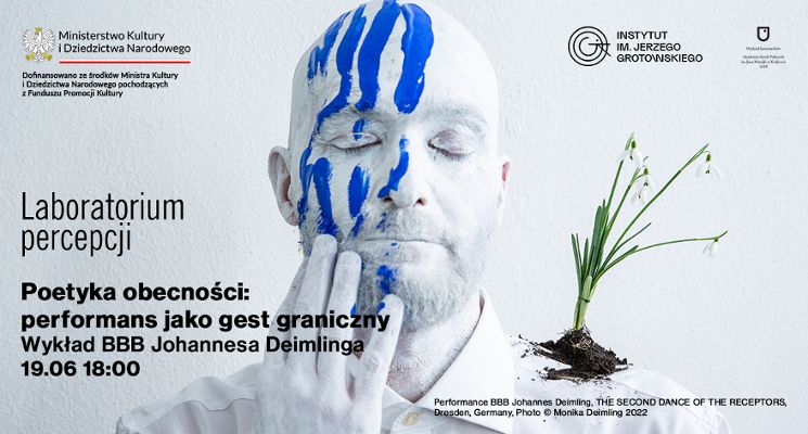 Plakat „Poetyka obecności: performans jako gest graniczny” – wykład BBB Johannesa Deimlinga