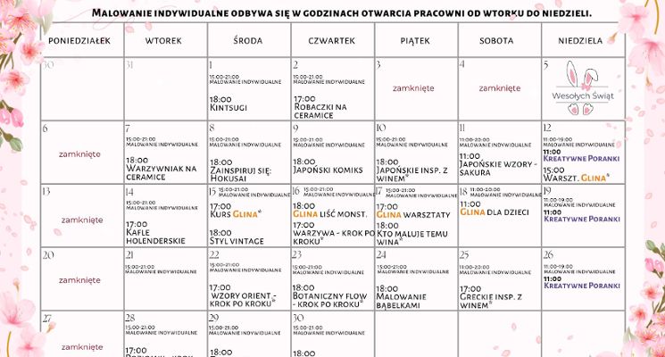 Plakat Harmonogram warsztatów w Malumice – kwiecień 2026