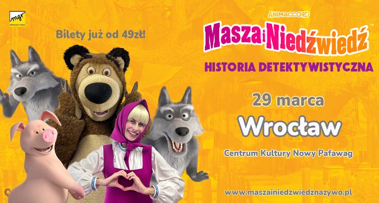 Plakat Masza i Niedźwiedź - historia detektywistyczna. Spektakl teatralny dla dzieci.