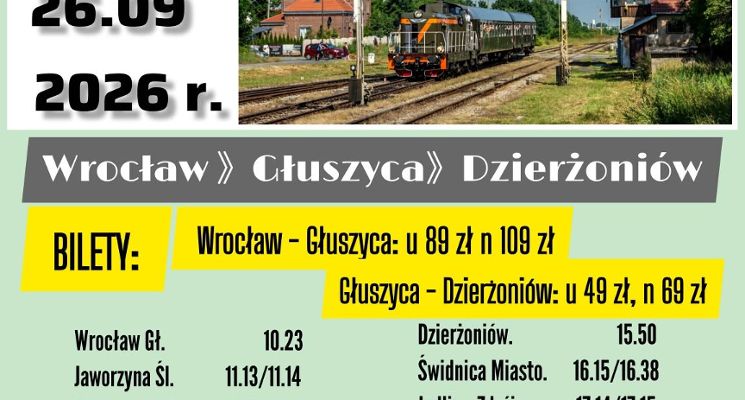 Plakat Kolejowe szlaki Dolnego Śląska: Pociągiem w Góry Sowie i do Dzierżoniowa 26.09.2026 r.