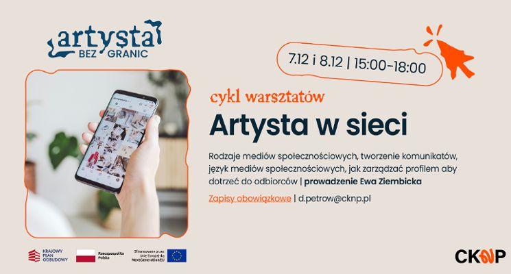 Plakat Artysta w sieci. Cykl bezpłatnych warsztatów