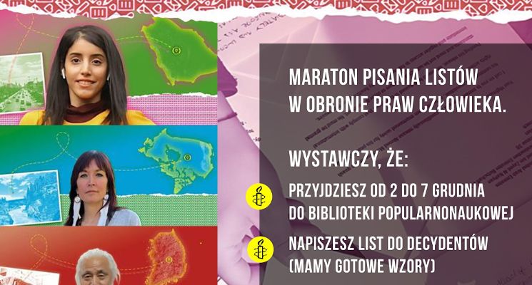 Plakat Maraton Pisania Listów | Amnesty International w Bibliotece Dolnośląskiej
