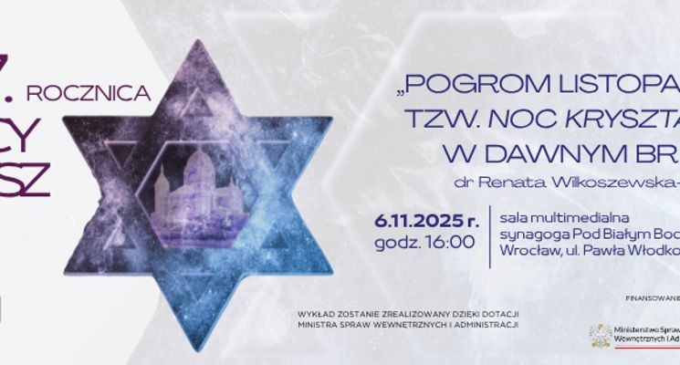 Plakat Pogrom listopadowy, tzw. "Noc Kryształowa" w dawnym Breslau-wykład Renaty Wilkoszewskiej-Krakowskiej