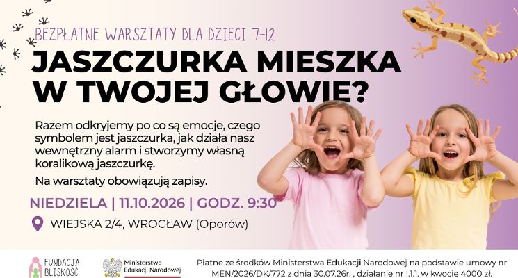 Plakat Bezpłatne warsztaty dla dzieci "Jaszczurka mieszka w mojej głowie?"