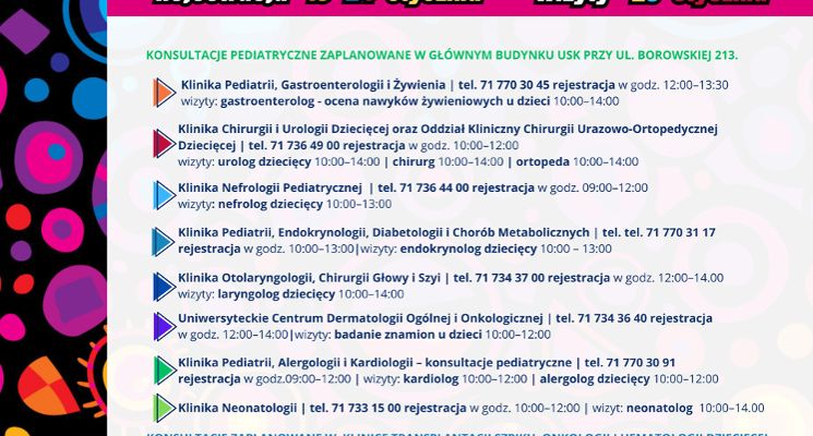 Plakat Biała Niedziela dla najmłodszych i ich najbliższych – konsultacje i badania na 34. Finał WOŚP w USK