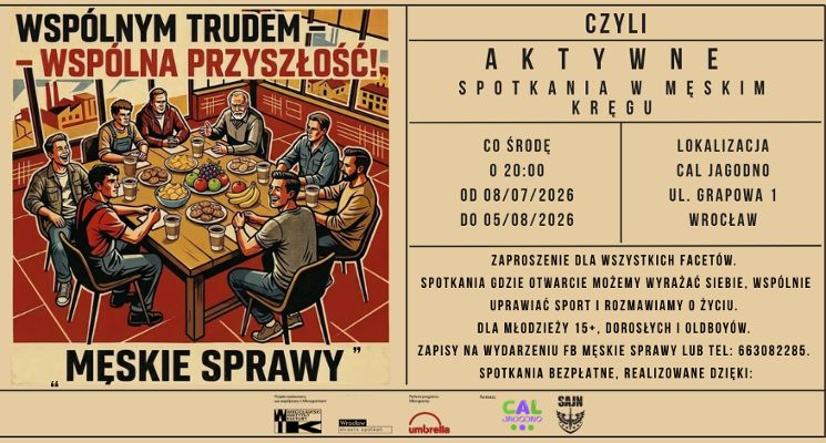 Plakat Projekt Męskie Sprawy, czyli aktywne spotkania w męskim kręgu. Udział BEZPŁATNY
