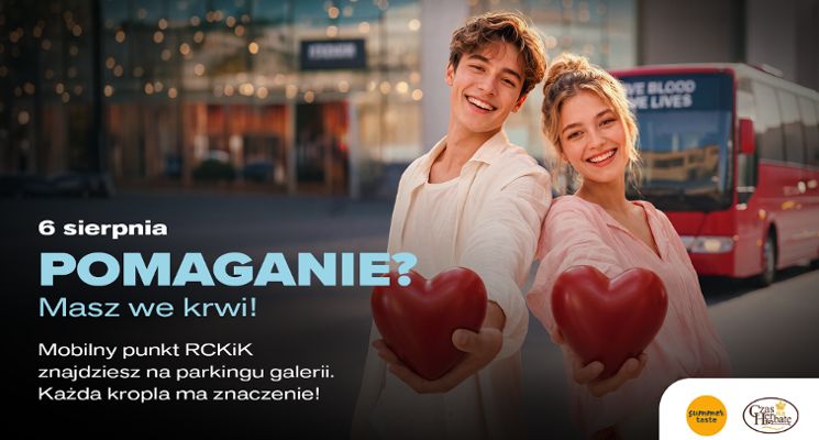 Plakat Oddaj krew, uratuj życie. Magnolia Park zaprasza na wakacyjną akcję krwiodawstwa.
