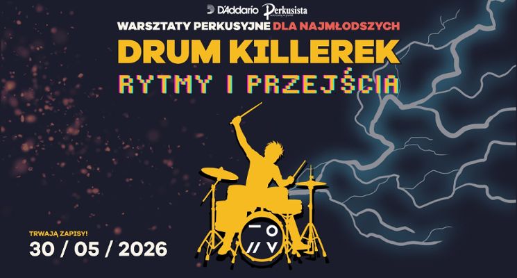 Plakat Warsztaty perkusyjne dla najmłodszych! Drum Killerek: Rytmy i przejścia, Szkoła Muzyczna TONY