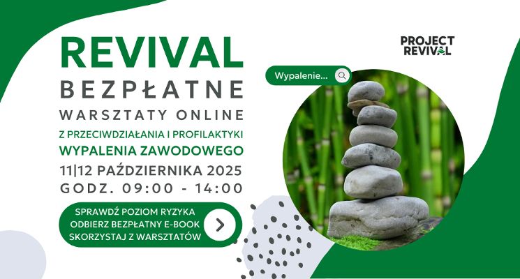 Plakat Revival - Bezpłatne warsztaty z przeciwdziałania i profilaktyki wypalenia zawodowego - V Edycja