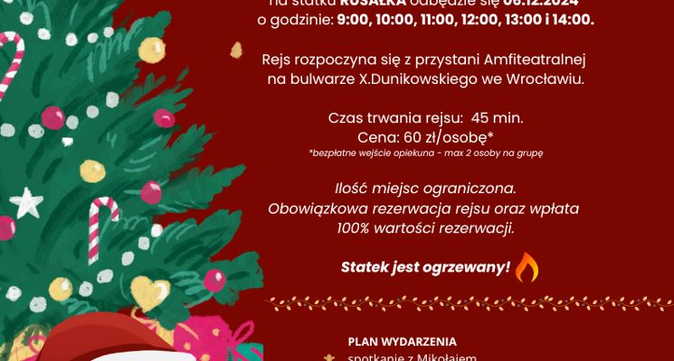 Plakat Mikołajki na statku Rusałka - rejsy ze św. Mikołajem dla szkół i przedszkoli