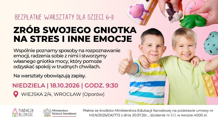 Plakat Bezpłatne zajęcia dla dzieci "Zrób swojego gniotka na stres i inne emocje"