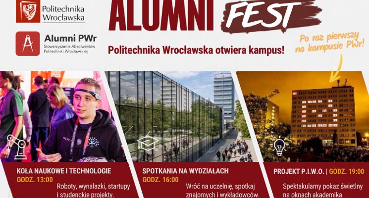 Plakat Alumni FEST – Politechnika Wrocławska otwiera kampus! Na finał widowiskowy pokaz Projektu P.I.W.O.