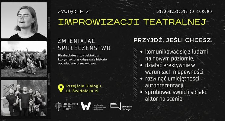 Plakat Bezpłatne warsztaty z improwizacji teatralnej w Przejściu Dialogu!