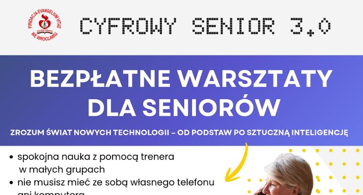 Plakat Cyfrowy Senior 3.0 – bezpłatne warsztaty dla osób 60+