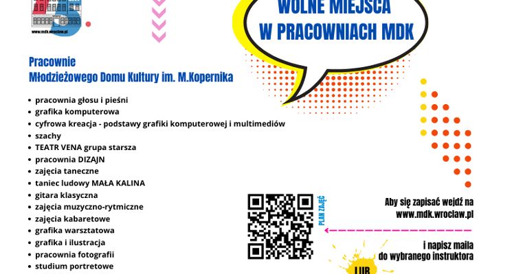Plakat Wolne miejsca w pracowniach MDK i. Mikołaja Kopernika