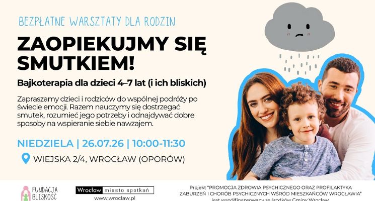 Plakat Zaopiekujmy się smutkiem! Bezpłatne warsztaty dla rodzin