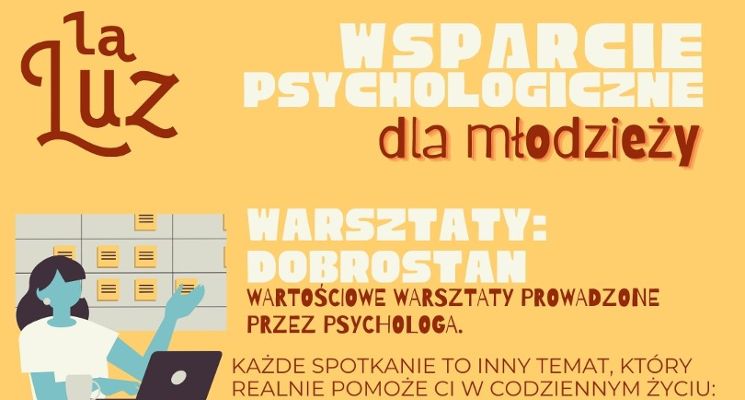Plakat Dobrostan – bezpłatne warsztaty psychologiczne dla młodzieży