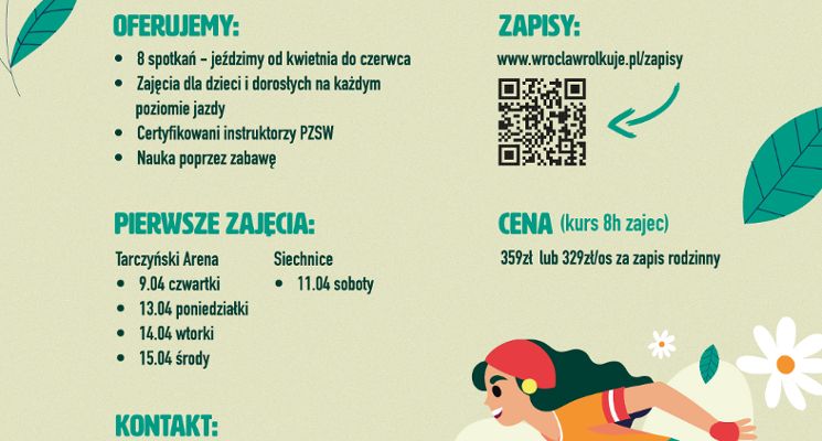 Plakat Kurs nauki jazdy na rolkach Wrocław Rolkuje w Tarczyński Arena i Siechnice. Kwiecień – Czerwiec 2026