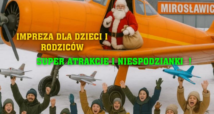 Plakat Mikołajki 2025 – Rodzinna Przygodowa na Lotnisku w Mirosławicach