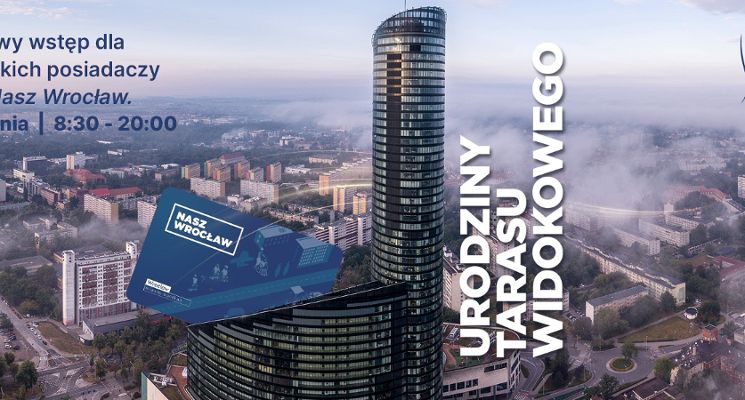 Plakat Urodziny tarasu widokowego Sky Tower. Darmowe zwiedzanie z Nasz Wrocław