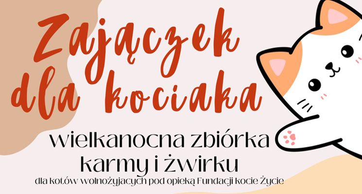 Plakat "Zajączek dla Kociaka" - wielkanocna zbiórka karmy i żwirku dla kotów wolnożyjących